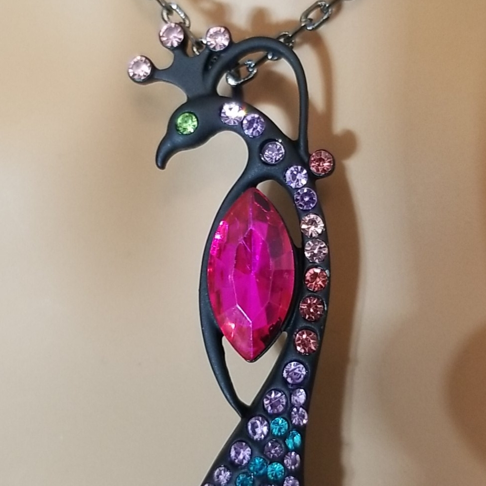 Betsey Johnson Black Peacock Statement Necklace  - Picture 2 of 8
